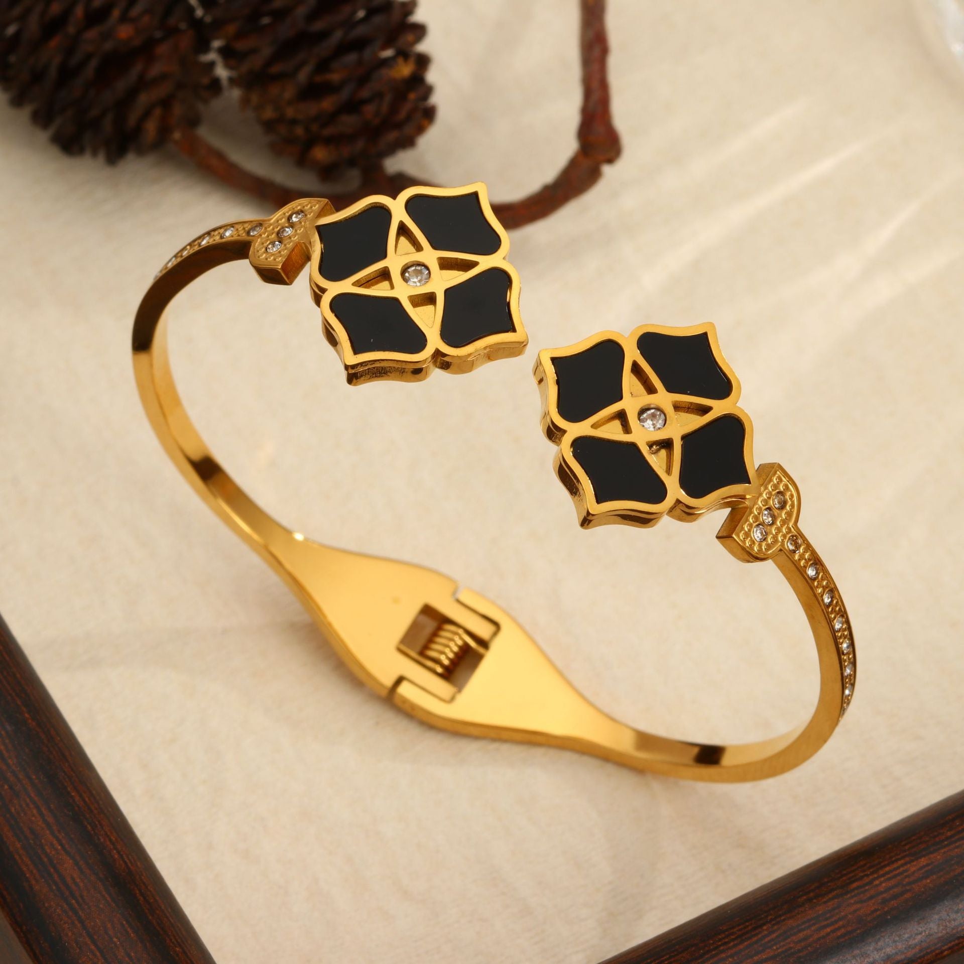 Black Floral Crystal Open Cuff Bangle