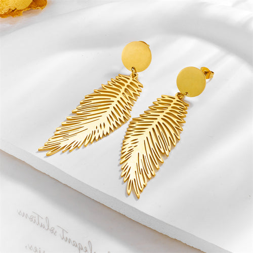 Elegant Gold Feather Drop Earrings