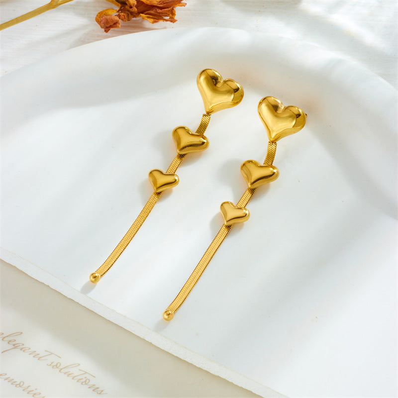 Golden Triple Heart Drop Earrings