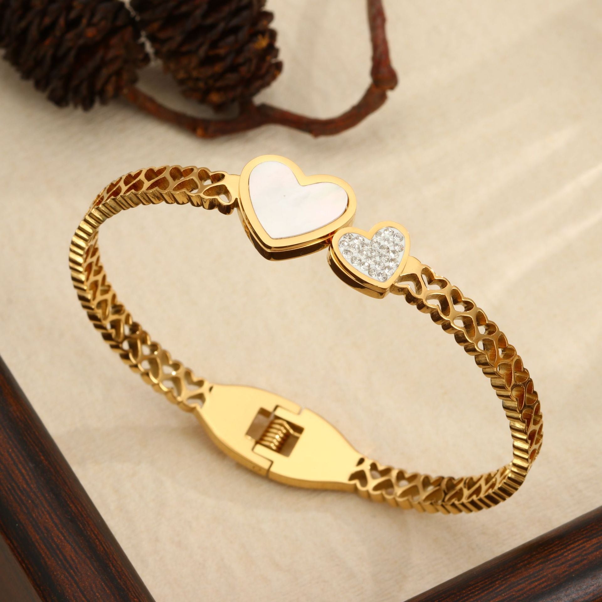 Zoria Royale Dual Heart Anti-Tarnish Bangle – 18K Gold Plated