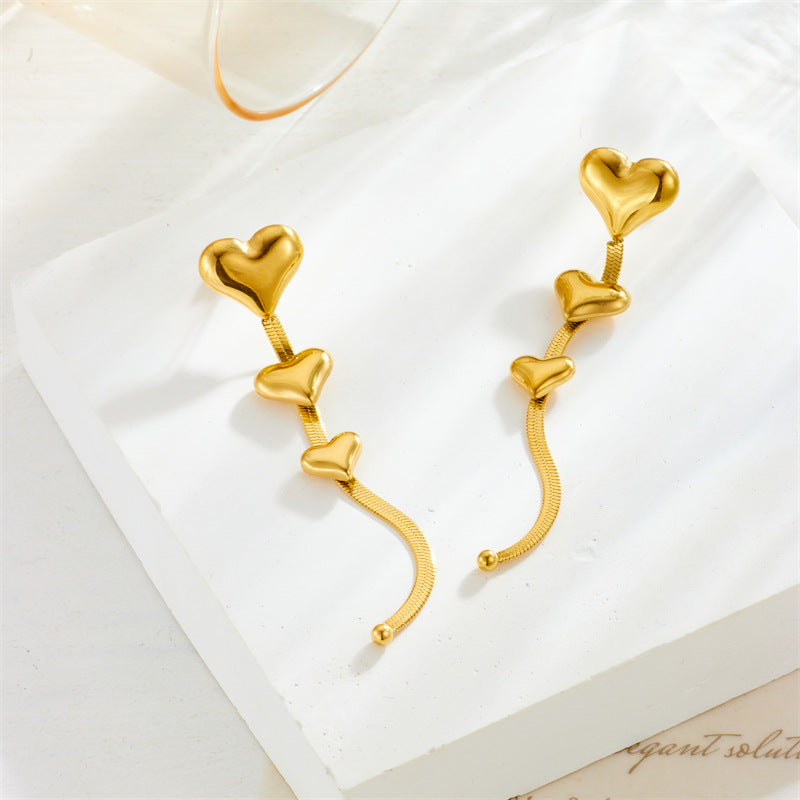 Golden Triple Heart Drop Earrings