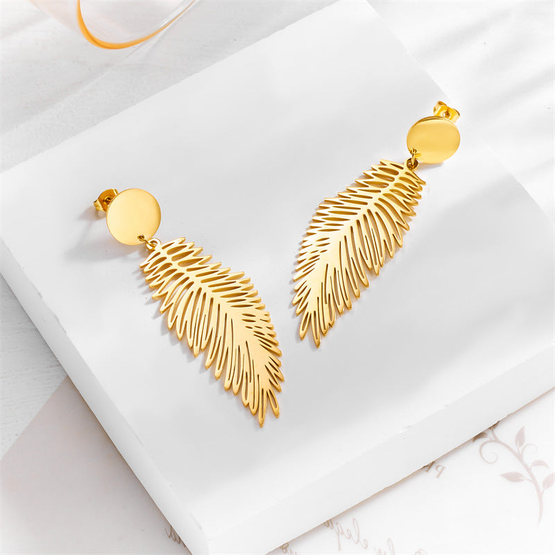 Elegant Gold Feather Drop Earrings