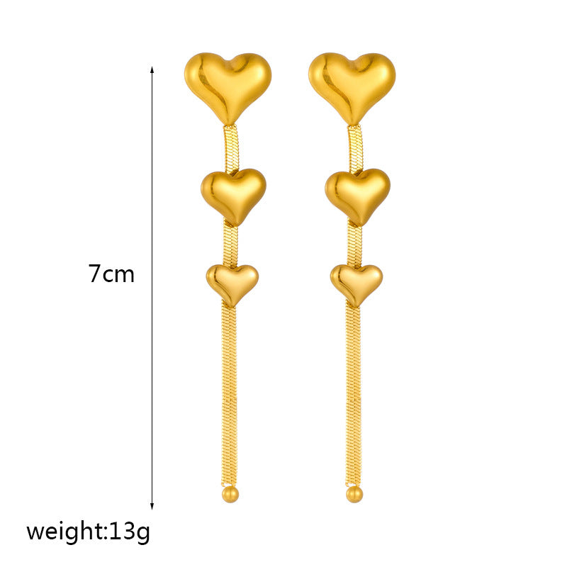 Golden Triple Heart Drop Earrings