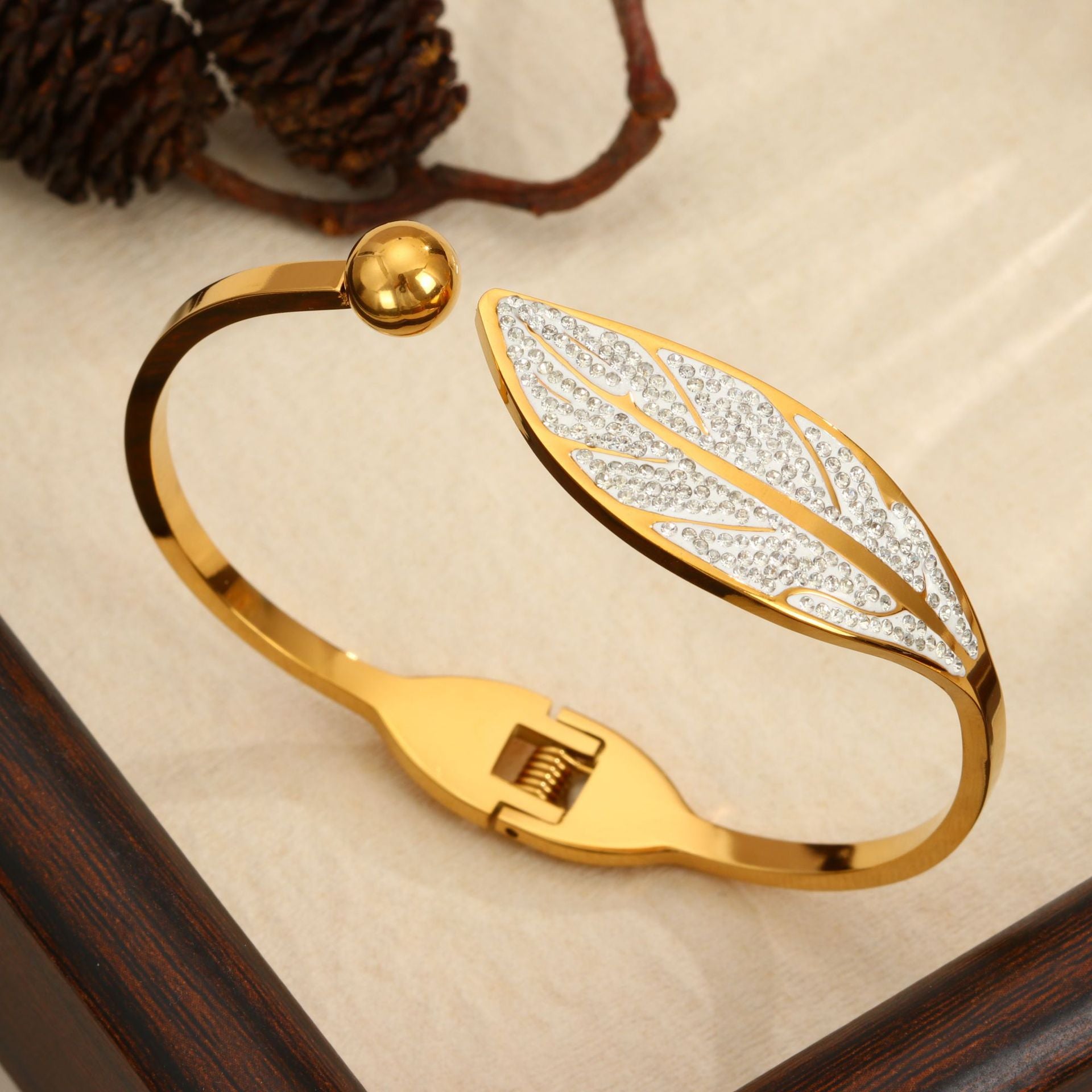 Zoria Royale Crystal Leaf Anti-Tarnish Bangle – 18K Gold Plated