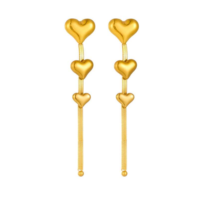 Golden Triple Heart Drop Earrings