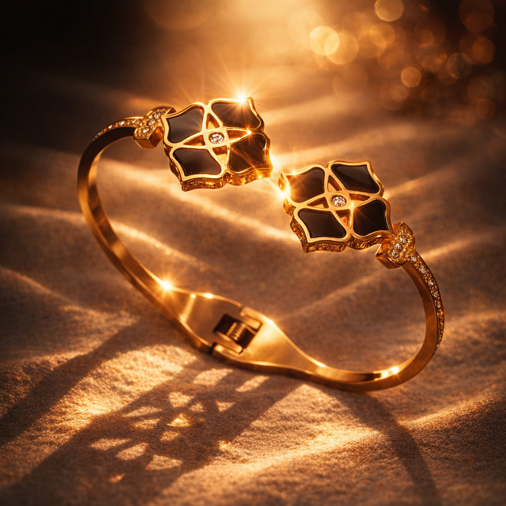 Black Floral Crystal Open Cuff Bangle